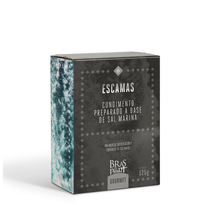 Caja condimento escama de sal marina con carbón vegetal 250 g vista tres cuartos